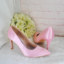 Load image into Gallery viewer, Pink Satin Bridal Set: Heels, Clutch, Fascinator - Handmade Wedding Guest Outfit