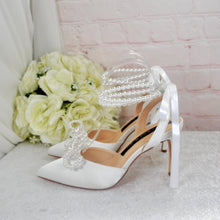 Load image into Gallery viewer, Satin Slingback Sandals - Handmade Bridal Satin Shoes With Pearl Bow UK4 / US7.5