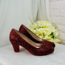 Load image into Gallery viewer, Ruby Slippers, Red Crystal Block Heels, Oz Inspired Custom Bridal Pumps