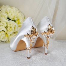 Load image into Gallery viewer, White Satin Wedding Heels: Gold Cherry Blossom Bridal Shoes UK5/US7.5