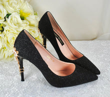 Load image into Gallery viewer, Black Glitter Heels – Handmade Bridal Shoes with Cherry Blossom Floral Detail - UK6/US8.5