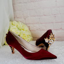 Load image into Gallery viewer, Burgundy Red Satin Bridal Set: Heels, Clutch & Fascinator