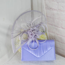 Load image into Gallery viewer, Lilac Purple Satin Clutch Bag and Fascinator Set: Wedding Guest Outfit