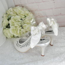 Load image into Gallery viewer, Bridal Slingback Shoes – Satin Bridal Heels with Pearls & Bow Detail, UK6 / US8.5