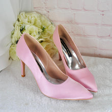 Load image into Gallery viewer, Pink Satin Bridal Set: Heels, Clutch, Fascinator - Handmade Wedding Guest Outfit