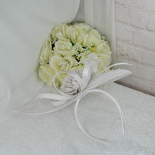 Load image into Gallery viewer, White Satin Bridal Set: Heels, Clutch Bag & Fascinator