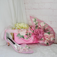 Load image into Gallery viewer, Ivory & Pink Fascinator Hat and Clutch Bag Set: Floral Embroidered Bridal Hatinator