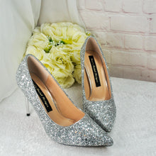 Load image into Gallery viewer, Handmade Silver Glitter Heels: Satin Stiletto Bridal Shoes (UK6 / US8.5)