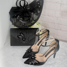 Load image into Gallery viewer, Black Satin Bridal Set: Embroidered Shoes, Clutch Bag, Sinamay Fascinator (UK3/US5.5)
