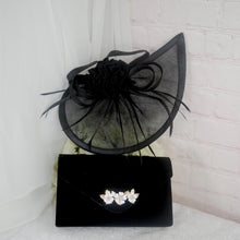 Load image into Gallery viewer, Black Velvet Heels, Clutch Bag & Sinamay Fascinator Set: Handmade Wedding Guest Outfit