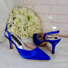 Load image into Gallery viewer, Royal Blue Satin Sling Back Heels, Clutch & Fascinator Set: Handmade Wedding Guest Outfit
