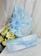 Load image into Gallery viewer, Bridal Fascinator and Satin Clutch Purse Set, Light Blue Hatinator and Bag