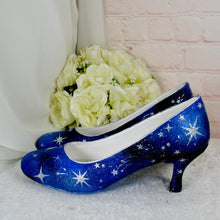 Load image into Gallery viewer, Hand-Painted Celestial Wedding Shoes – Blue Galaxy Low Heels