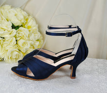 Load image into Gallery viewer, Navy Satin Bridal Sandals: Handmade Kitten Heel Wedding Shoes • UK6/US8.5