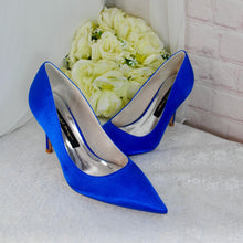 Load image into Gallery viewer, Royal Blue Satin Heel, Clutch & Fascinator Set: Handmade Wedding Guest Outfit