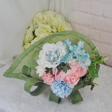 Load image into Gallery viewer, Sage Green Satin Bridal Set: Handmade Clutch, Sandals & Fascinator