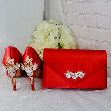 Load image into Gallery viewer, Red Satin Bridal Set: Handmade Heels, Clutch, Fascinator Hat