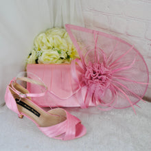 Load image into Gallery viewer, Pink Satin Bridal Set: Heels, Clutch, Fascinator - Handmade Wedding Guest Outfit