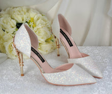 Load image into Gallery viewer, Ivory Shimmer Heels - Handmade Bridal Satin Shoes with Gold Detail & Cherry Blossom UK7/US9.5