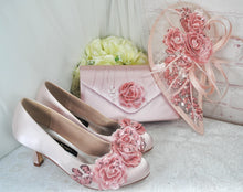 Load image into Gallery viewer, Pink Satin Bridal Set: Embroidered Heels, Clutch, Fascinator