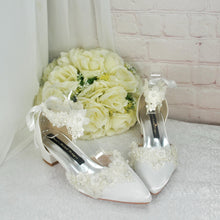 Load image into Gallery viewer, Ivory Satin Bridal Heels: Handmade Lace Pearl Block Heel Shoes (UK3/US5.5)