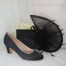 Load image into Gallery viewer, Black Satin Bridal Set: Block Heel Shoes, Clutch Bag & Sinamay Fascinator
