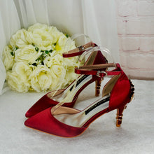 Load image into Gallery viewer, Burgundy Satin Bridal Shoes: Bridesmaid Floral Heel, Ankle Strap Size UK5/US7.5