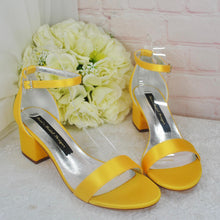 Load image into Gallery viewer, Yellow Block Heel Sandals: Satin Bridal Bridesmaid Shoes