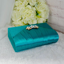Load image into Gallery viewer, Teal Satin Bridal Set: Handmade Clutch, Fascinator, Heels