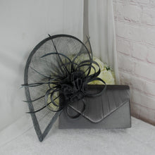 Load image into Gallery viewer, Dark Grey Hatinator & Clutch Bag Set: Handmade Wedding Fascinator