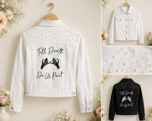 Load image into Gallery viewer, Till Death Personalised Bridal Denim Jacket, Bride to Be Black Wedding Dress Top