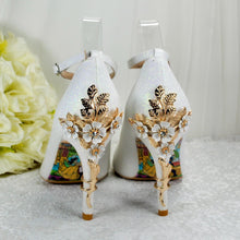 Load image into Gallery viewer, Ivory Shimmer Pointed Toe Shoes with Cherry Blossom Embellishment - UK7 - Ready to Dispatch