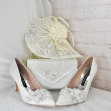 Load image into Gallery viewer, Ivory Satin Bridal Heels: Hand-Beaded 3D Floral Wedding Shoes Size UK5/US7.5
