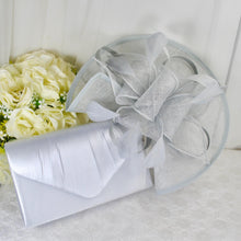 Load image into Gallery viewer, Silver Grey Fascinator and Clutch Bag Set: Handmade Satin Bridal Hatinator