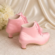Load image into Gallery viewer, Satin Bridal Booties, Lace Up Luxury Wedding Ankle Boots, Handmade Block Heel Shoes