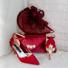Load image into Gallery viewer, Burgundy Satin Heel, Clutch, and Fascinator Set, Wedding Guest Outfit