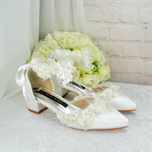 Load image into Gallery viewer, Ivory Satin and Lace Floral Block Heels Bridal Shoes – UK3 – Ready to Dispatch