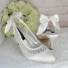 Load image into Gallery viewer, Bridal Slingback Shoes – Satin Bridal Heels with Pearls & Bow Detail, UK6 / US8.5
