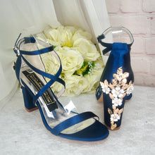 Load image into Gallery viewer, Navy Satin Bridal Sandals: Cherry Blossom Block Heel Wedding Shoes
