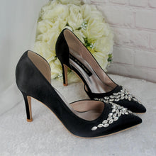 Load image into Gallery viewer, Black Satin Bridal Set: Stiletto Heels, Clutch Bag & Sinamay Fascinator Hatinator