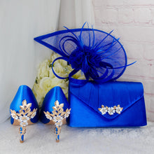 Load image into Gallery viewer, Royal Blue Satin Heel, Clutch & Fascinator Set: Wedding Guest Outfit