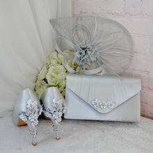 Load image into Gallery viewer, Silver Grey Satin Bridal Shoe Set: Handmade Heels, Clutch & Fascinator