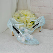 Load image into Gallery viewer, Embroidered Pastel Blue Bridal Shoes: 3D Flower Ankle Strap Heels UK5/US7.5