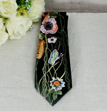 Load image into Gallery viewer, Black Floral Tie. Dark Embroidered Ties For Men. Secret Garden Neckties for Men. Childs or Adult