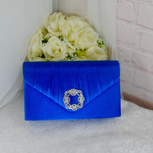 Load image into Gallery viewer, Royal Blue Satin Heels, Clutch Bag and Fascinator Hat Matching Bridal Set, Hatinator Purse Shoes for Wedding Guest Mother of the Bride Groom