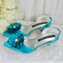 Load image into Gallery viewer, Teal Green Satin Kitten Heels - UK8 - Ready to Dispatch