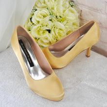 Load image into Gallery viewer, Gold Satin Wedding Heels: Custom Bridal Shoes, Comfortable Mid Heel • Size UK5/US7.5