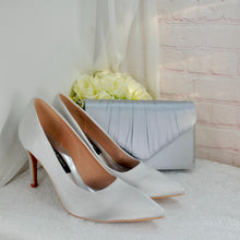 Load image into Gallery viewer, Silver Satin Bridal Set: Heels, Clutch Bag & Fascinator