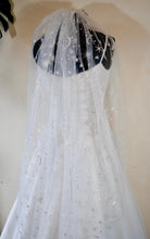 Load image into Gallery viewer, Celestial Wedding Veil or Bridal Cape – White Tulle with Silver Moons & Stars