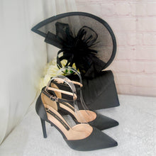 Load image into Gallery viewer, Black Satin Heel, Clutch & Fascinator Set: Handmade Bridal Shoes